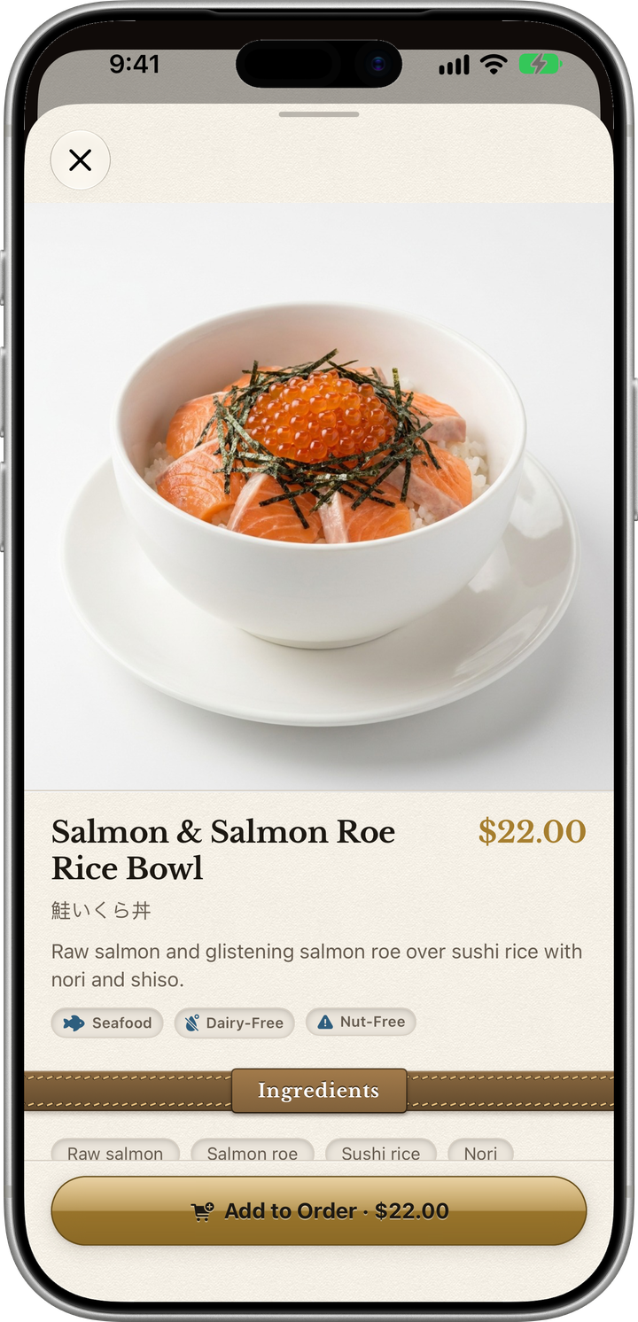 Dish detail: AI photo, description, ingredient chips, a red allergen warning, and a nutrition grid