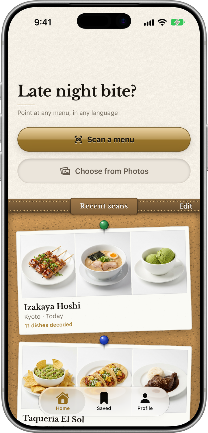 Menuscript home screen with scan options and a cork board of recent scans