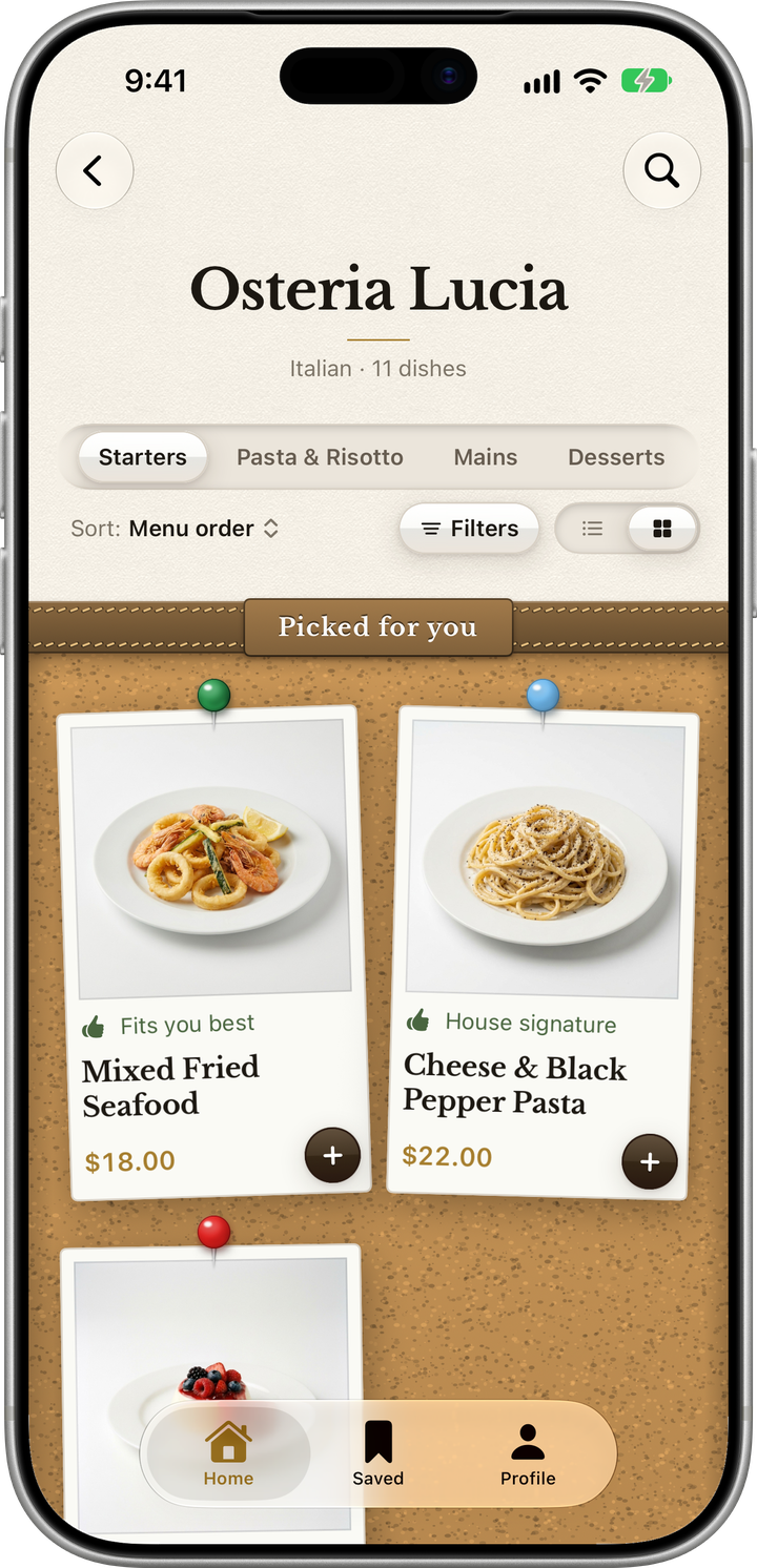 Grid of dishes with AI-generated photos, gold prices, and dietary badges