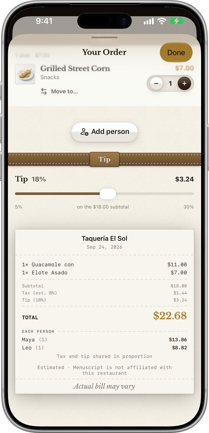 Cart receipt: itemized order with subtotal, estimated tax, and total on a printed-receipt style sheet