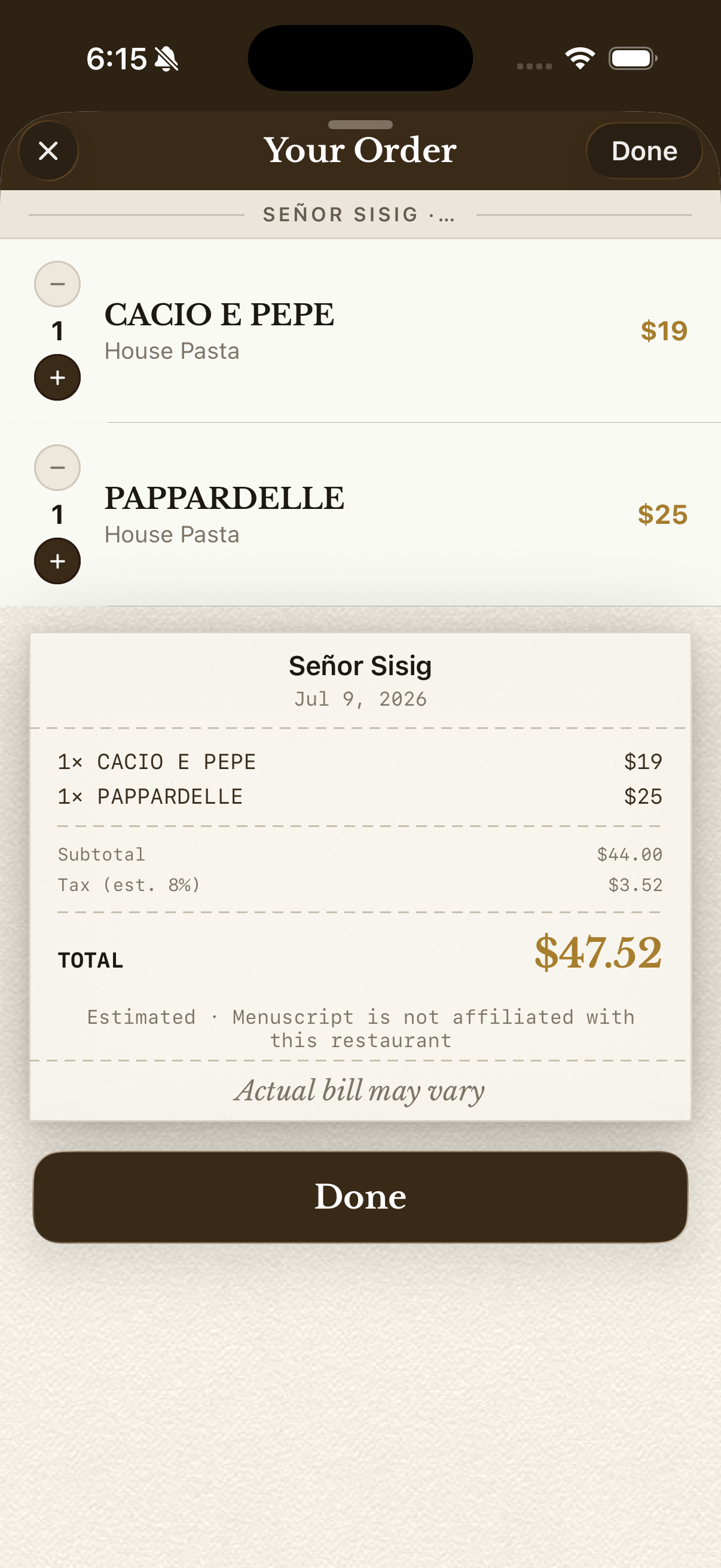 Cart receipt: itemized order with subtotal, estimated tax, and total on a printed-receipt style sheet