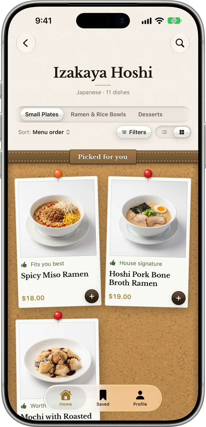 Menuscript showing a scanned menu with AI-generated dish photos, prices, and a Chef's Pick badge
